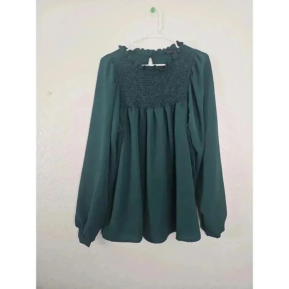 Adara Womens Green Long Sleeve Smocked Peasant Blouse - Picture 1 of 6